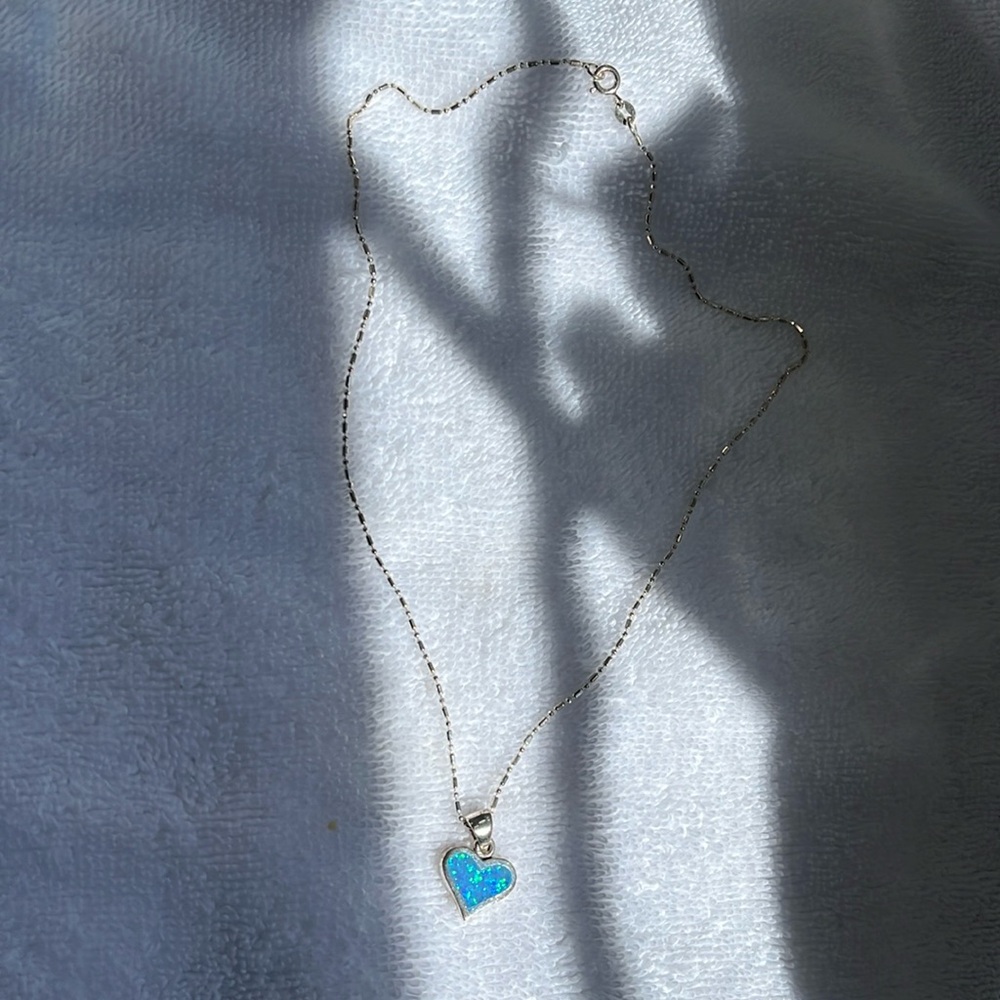 NWOT Blue opal sterling heart w 16” chain